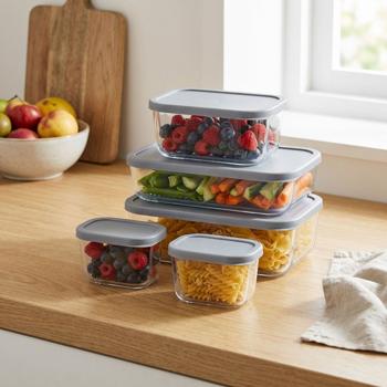 5-piece food storage container set made of borosilicate glass – oven-safe with grey lids – 2x300ml, 750ml, 1200ml, 1700ml for fresh supplies and meal prep