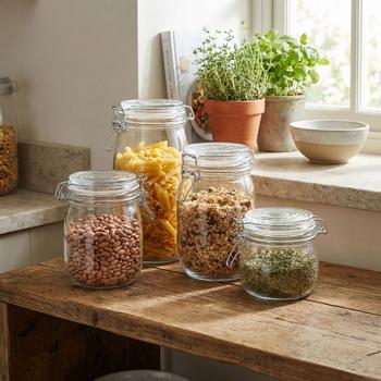 Storage jar set with metal clamp fastener – 4 jars (500 ml, 750 ml, 1000 ml, 1500 ml) with sealing ring – Elegant storage for your supplies