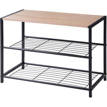Preview: Étagère à chaussures en métal avec 2 niveaux en grille et plateau décor bois – étagère à chaussures compacte 63 x 30 x 43 cm, organiseur stable pour couloir, entrée et vestiaire