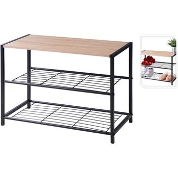 Preview: Étagère à chaussures en métal avec 2 niveaux en grille et plateau décor bois – étagère à chaussures compacte 63 x 30 x 43 cm, organiseur stable pour couloir, entrée et vestiaire