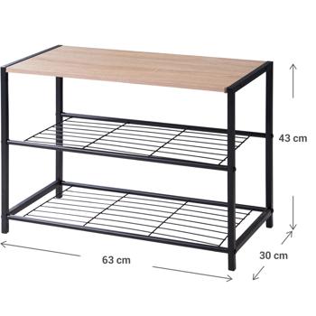 Preview: Étagère à chaussures en métal avec 2 niveaux en grille et plateau décor bois – étagère à chaussures compacte 63 x 30 x 43 cm, organiseur stable pour couloir, entrée et vestiaire