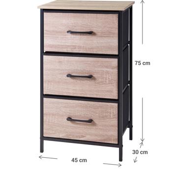 Preview: Elegante mobile d’appoggio con 3 cassetti e struttura in metallo: moderno comodino effetto legno per camera da letto e corridoio, 45 x 30 x 75 cm