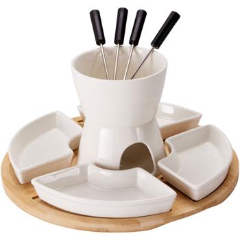 Preview: Élégant set de fondue au chocolat 11 pièces avec plateau en bambou, coupelles & fourchettes – Parfait pour dessert, fête, rendez-vous & doux plaisir chocolaté