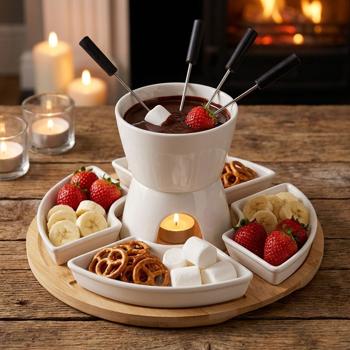 Élégant set de fondue au chocolat 11 pièces avec plateau en bambou, coupelles & fourchettes – Parfait pour dessert, fête, rendez-vous & doux plaisir chocolaté