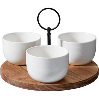 Preview: Set da servizio di alta qualità a 4 pezzi in legno di acacia e porcellana – Elegante tagliere da portata con maniglia e ciotole per finger food, snack, salse, tapas e feste