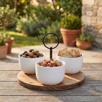 Set da servizio di alta qualità a 4 pezzi in legno di acacia e porcellana – Elegante tagliere da portata con maniglia e ciotole per finger food, snack, salse, tapas e feste