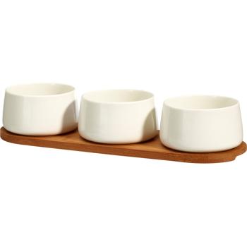 Preview: Elegante set di ciotole tapas con 3 ciotole in porcellana bianca da 200 ml ciascuna su vassoio in bambù naturale – ideale per servire snack