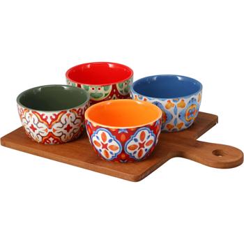 Preview: Elegante set da portata 5 pezzi in gres e bambù: 4 ciotole per salse colorate con vassoio per tapas, snack, finger food, feste e stuzzichini