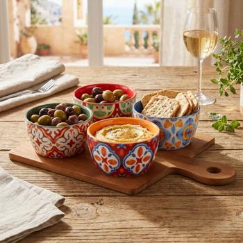 Elegante set da portata 5 pezzi in gres e bambù: 4 ciotole per salse colorate con vassoio per tapas, snack, finger food, feste e stuzzichini