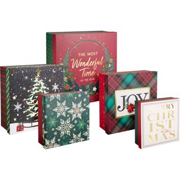 Preview: Set scatole regalo di Natale, 5 pezzi, scatole quadrate in cartone robusto in 5 misure e design, confezione per regali d’Avvento