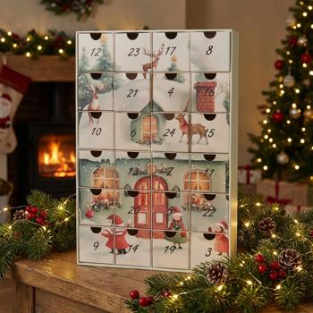 Superbe calendrier de l’Avent avec motif de maisons – calendrier de Noël de haute qualité à remplir & décoration pour Noël, 25,7 x 6,4 x 38,3 cm