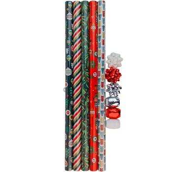 Geschenkpapier Set: Kraftpapier 5 Rollen 70x200 cm mit Geschenkband & Schleifen: Hochwertiges Verpackungsset für Weihnachtsgeschenke