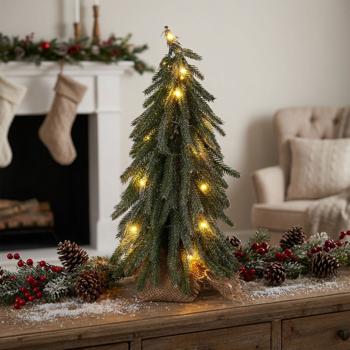 Mini sapin de Noël LED artificiel avec pied en bois 35 cm : Joli petit sapin pailleté pour décoration de table festive et déco d’hiver