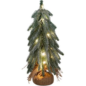 Preview: Mini sapin de Noël artificiel à LED avec socle en bois 27 cm: joli petit sapin pailleté pour déco de table festive et décoration d’hiver