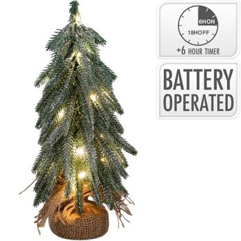 Preview: Mini sapin de Noël artificiel à LED avec socle en bois 27 cm: joli petit sapin pailleté pour déco de table festive et décoration d’hiver