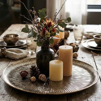 Round gold decorative plate 39 cm, metal tray with grooved pattern for Advent arrangements, candle plate & table décor, elegant Christmas decoration with gold finish