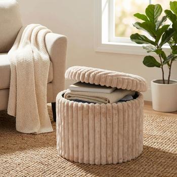 Pouf rond chic 43 x 32.5 cm beige avec espace de rangement pratique et couvercle – tabouret élégant et repose-pieds confortable pour le salon