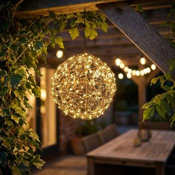Preview: Superbe boule lumineuse LED noire 18 cm : micro-LED blanc chaud pour balcon et salon – sphère lumineuse avec minuterie et effet scintillant