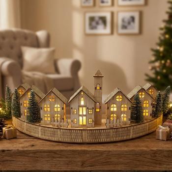 Superbe décoration de Noël LED 47 cm : village d’hiver lumineux en bois, scène de maisons LED parfaite pour rebord de fenêtre et décoration de table