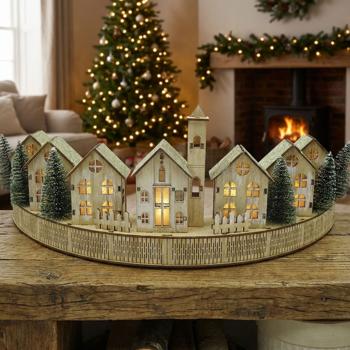 Preview: Superbe décoration de Noël LED 47 cm : village d’hiver lumineux en bois, scène de maisons LED parfaite pour rebord de fenêtre et décoration de table