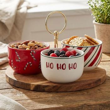Elegant 4‑piece serving set made of acacia wood & stoneware for tapas, dips & snacks – stylish wooden serving tray with 3 bowls for sophisticated finger food