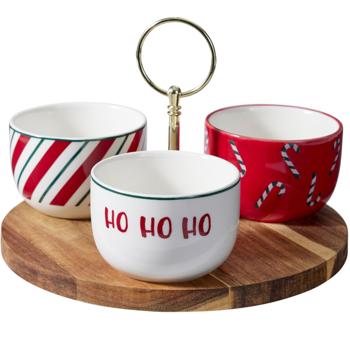 Preview: Elegant 4‑piece serving set made of acacia wood & stoneware for tapas, dips & snacks – stylish wooden serving tray with 3 bowls for sophisticated finger food