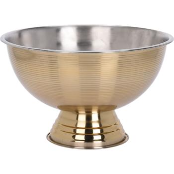 Preview: Elegant bottle cooler, stainless steel, gold, 39x24 cm – stylish sparkling wine cooler bowl on foot with stripe design for party & catering décor
