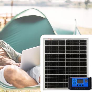 Kit impianto solare pannello 20 W con telaio robusto, modulo fotovoltaico 21,8 V e regolatore di carica PWM 20 A per batterie 12 V/24 V, display LCD, 2 uscite USB