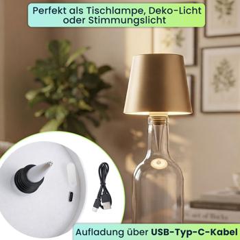 Preview: Edle Akku Flaschenlampe gold: Dimmbar - 3 Lichtfarben: Verwandelt Flaschen in stimmungsvolle Leuchten - Dekoratives Flaschenlicht mit Metallschirm