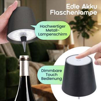 Preview: Edle Akku Flaschenlampe schwarz: Dimmbar - 3 Lichtfarben: Verwandelt Flaschen in stimmungsvolle Leuchten - Dekoratives Flaschenlicht mit Metallschirm