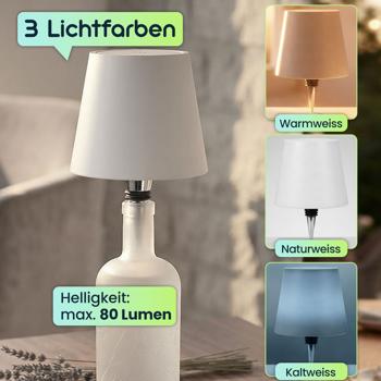 Preview: Edle Akku Flaschenlampe weiss: Dimmbar - 3 Lichtfarben: Verwandelt Flaschen in stimmungsvolle Leuchten - Dekoratives Flaschenlicht mit Metallschirm