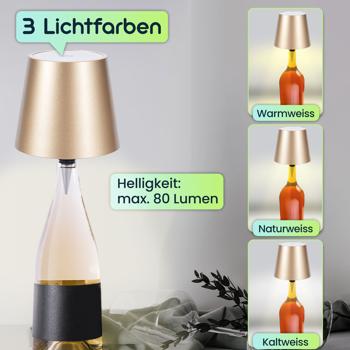 Preview: 2er-Set Edle Akku Flaschenlampe gold: Dimmbar - 3 Lichtfarben: Verwandelt Flaschen in stimmungsvolle Leuchten - Flaschenlicht mit Metallschirm