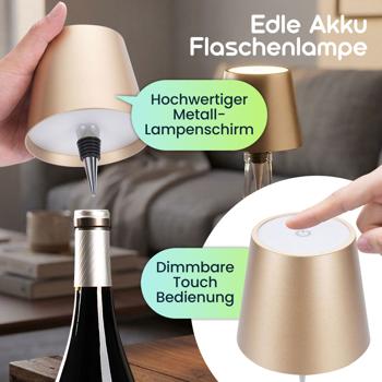 Preview: 2er-Set Edle Akku Flaschenlampe gold: Dimmbar - 3 Lichtfarben: Verwandelt Flaschen in stimmungsvolle Leuchten - Flaschenlicht mit Metallschirm