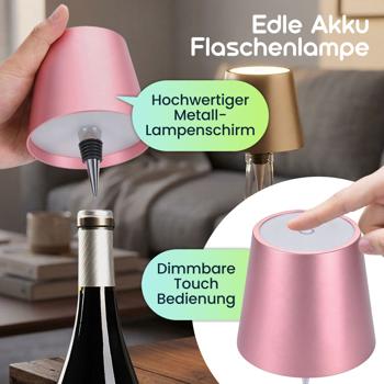 Preview: 2er-Set Edle Akku Flaschenlampe rosegold: Dimmbar - 3 Lichtfarben: Verwandelt Flaschen in stimmungsvolle Leuchten - Flaschenlicht mit Metallschirm