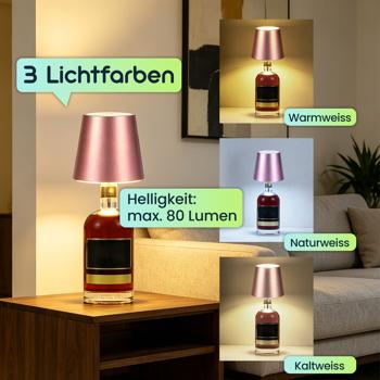 Preview: 4er-Set Edle Akku Flaschenlampe rosegold: Dimmbar - 3 Lichtfarben: Verwandelt Flaschen in stimmungsvolle Leuchten - Flaschenlicht mit Metallschirm