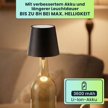 Preview: 2er-Set Edle Akku Flaschenlampe schwarz: Dimmbar - 3 Lichtfarben: Verwandelt Flaschen in stimmungsvolle Leuchten - Flaschenlicht mit Metallschirm
