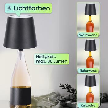 Preview: 2er-Set Edle Akku Flaschenlampe schwarz: Dimmbar - 3 Lichtfarben: Verwandelt Flaschen in stimmungsvolle Leuchten - Flaschenlicht mit Metallschirm