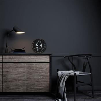 Preview: Modern LED wall & table clock, digital: all-round seconds display, 2 alarms, snooze, date, temperature, mains & battery operated – Ø25.5 cm, black