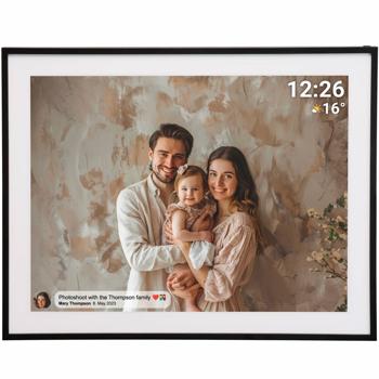 Cornice fotografica digitale 19“ HD IPS touchscreen: cornice Wi-Fi 32GB, app Frameo, funzione video - Idea regalo smart per foto, nera e moderna