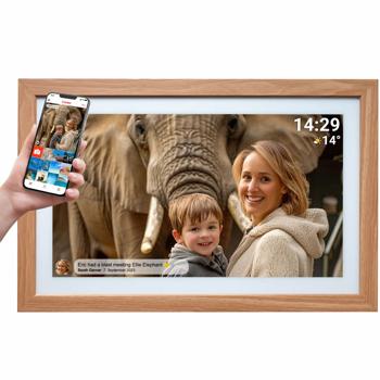 Preview: Élégant cadre photo numérique 21,5“ avec Wi‑Fi, écran tactile IPS Full HD, app Frameo, mémoire 32 Go et cadre en bois MDF, compatible VESA