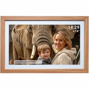Preview: Élégant cadre photo numérique 21,5“ avec Wi‑Fi, écran tactile IPS Full HD, app Frameo, mémoire 32 Go et cadre en bois MDF, compatible VESA