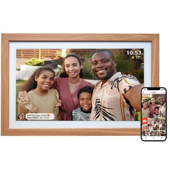 Preview: Élégant cadre photo numérique 21,5“ avec Wi‑Fi, écran tactile IPS Full HD, app Frameo, mémoire 32 Go et cadre en bois MDF, compatible VESA