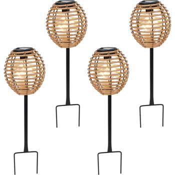 Preview: 4er-Set Elegante Solar-Steckleuchte für Garten & Terrasse: Robuste LED Solarlampe mit Metallstab, Rattan-Optik für stimmungsvolle Wege