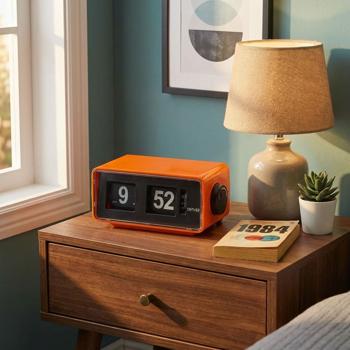 Retro clock radio with flip display, PLL FM radio, vintage design alarm clock, snooze function, alarm via radio or buzzer, black