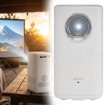 Portable 4K battery beamer for mobile home cinema up to 180 inches, WQHD projector with Bluetooth & HDMI for camping, outdoor use & business events