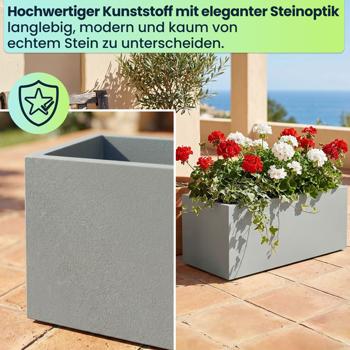 Preview: Blumentopf Rechteckig 58cm in Beton-Grau, Pflanzkasten 35L aus Kunststoff für Innen & Aussen, Frostsicher & UV-Beständig, Leichtgewicht