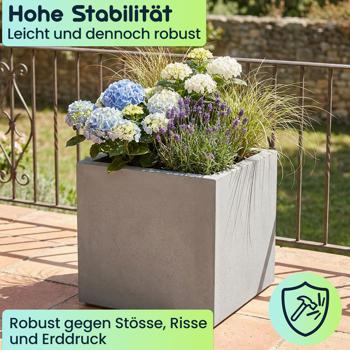 Preview: Blumentopf Quadratisch 38cm in Beton-Grau, Pflanzkasten 25L aus Kunststoff für Innen & Aussen, Frostsicher & UV-Beständig, Leichtgewicht