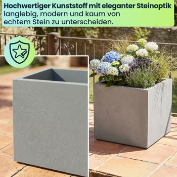 Preview: Blumentopf Quadratisch 38cm in Beton-Grau, Pflanzkasten 25L aus Kunststoff für Innen & Aussen, Frostsicher & UV-Beständig, Leichtgewicht