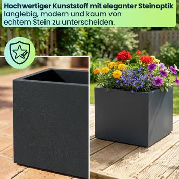 Preview: Blumentopf Quadratisch 38cm in Anthrazit, Pflanzkasten 25L aus Kunststoff für Innen & Aussen, Frostsicher & UV-Beständig, Leichtgewicht