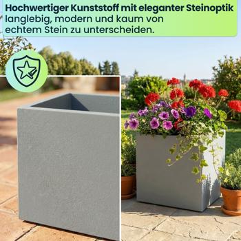 Preview: Blumentopf Quadratisch 47cm in Beton-Grau, Pflanzkasten 51L aus Kunststoff für Innen & Aussen, Frostsicher & UV-Beständig, Leichtgewicht